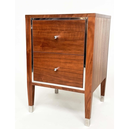 394 - BEDSIDE CHESTS, a pair, figured walnut and chromium bound each with two drawers, 45cm x 44cm x 65cm ... 