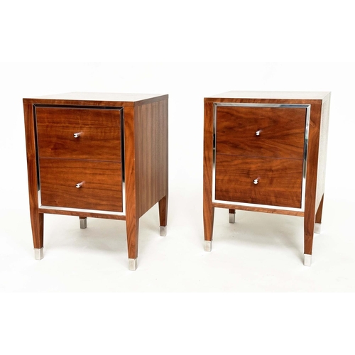 394 - BEDSIDE CHESTS, a pair, figured walnut and chromium bound each with two drawers, 45cm x 44cm x 65cm ... 