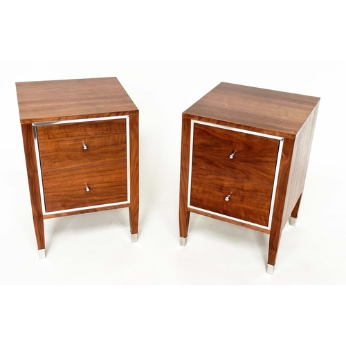 394 - BEDSIDE CHESTS, a pair, figured walnut and chromium bound each with two drawers, 45cm x 44cm x 65cm ... 