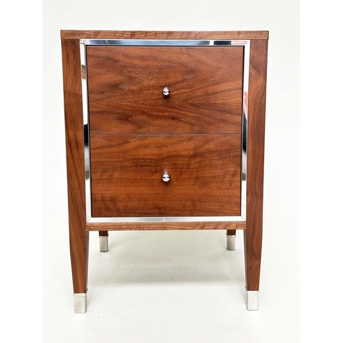 394 - BEDSIDE CHESTS, a pair, figured walnut and chromium bound each with two drawers, 45cm x 44cm x 65cm ... 