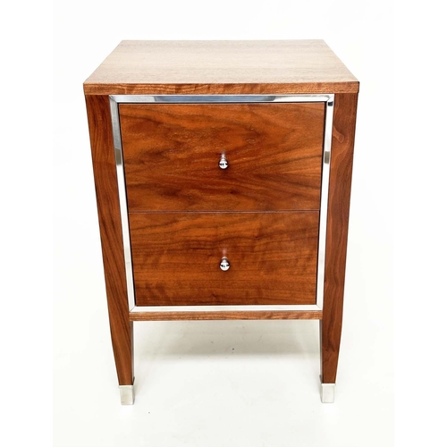 394 - BEDSIDE CHESTS, a pair, figured walnut and chromium bound each with two drawers, 45cm x 44cm x 65cm ... 