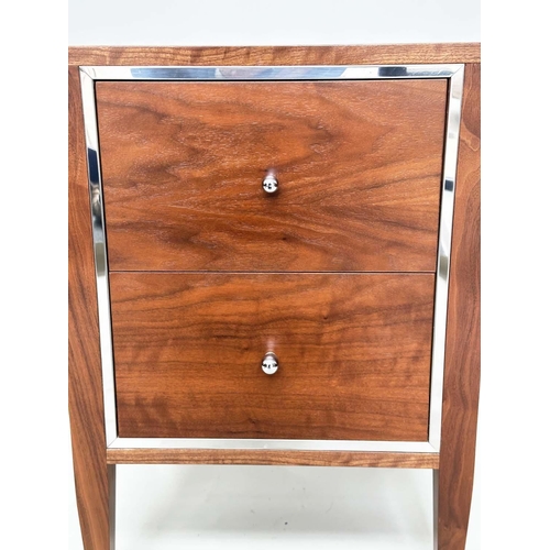 394 - BEDSIDE CHESTS, a pair, figured walnut and chromium bound each with two drawers, 45cm x 44cm x 65cm ... 