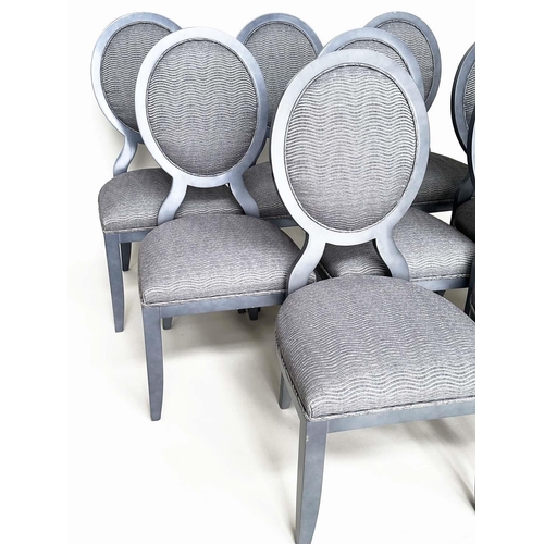 397 - DINING CHAIRS, a set of eight, grey with oval backs ans wave ridged fabric, 50cm W. (8)