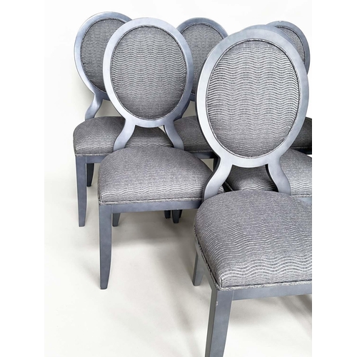 397 - DINING CHAIRS, a set of eight, grey with oval backs ans wave ridged fabric, 50cm W. (8)