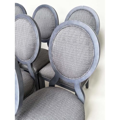 397 - DINING CHAIRS, a set of eight, grey with oval backs ans wave ridged fabric, 50cm W. (8)