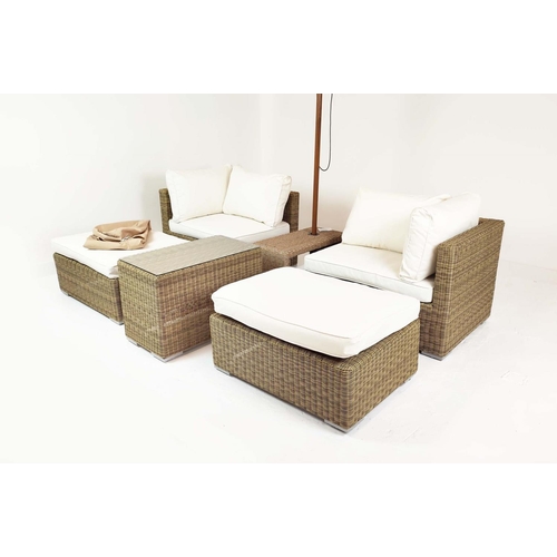 403 - OKA GARDEN SET, including two corner units, 85cm x 64cm x 85cm, two ottomans, 76cm x 44cm x 76cm, ta... 