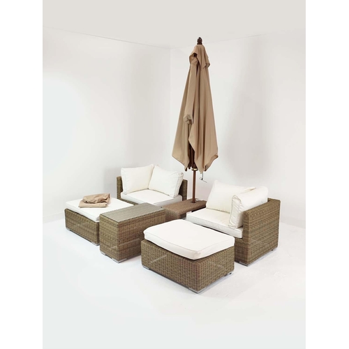 403 - OKA GARDEN SET, including two corner units, 85cm x 64cm x 85cm, two ottomans, 76cm x 44cm x 76cm, ta... 