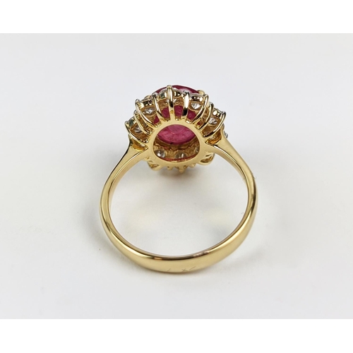 42 - AN 18CT GOLD RUBY AND DIAMOND CLUSTER RING, the mixed cut ruby of 4.11 carats, surrounded by ten rou... 