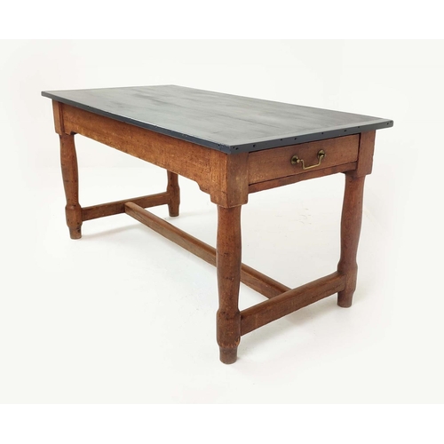 519 - 19TH CENTURY KITCHEN TABLE, painted plank top with cleated ends, pitch pine base, two drawers, turne... 