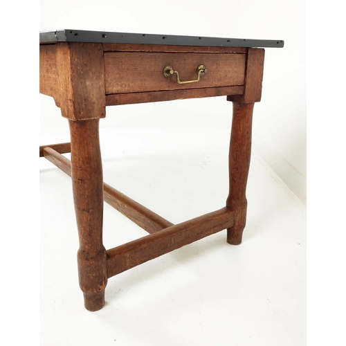 519 - 19TH CENTURY KITCHEN TABLE, painted plank top with cleated ends, pitch pine base, two drawers, turne... 