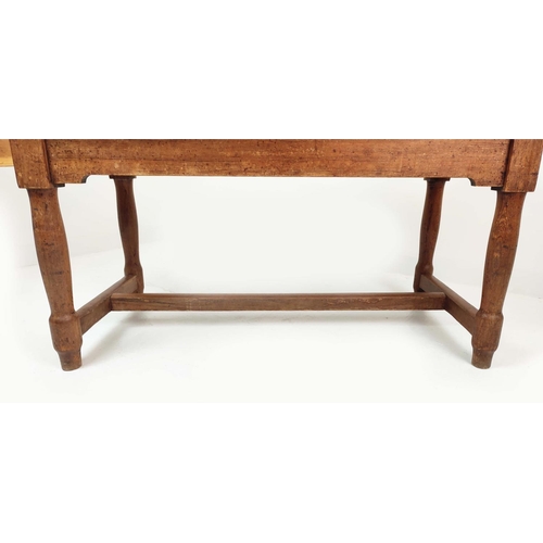 519 - 19TH CENTURY KITCHEN TABLE, painted plank top with cleated ends, pitch pine base, two drawers, turne... 