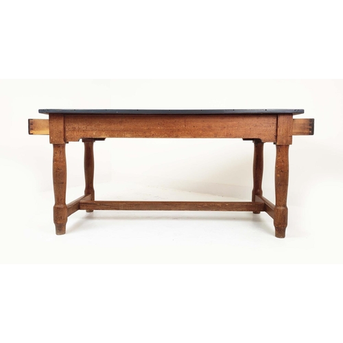 519 - 19TH CENTURY KITCHEN TABLE, painted plank top with cleated ends, pitch pine base, two drawers, turne... 