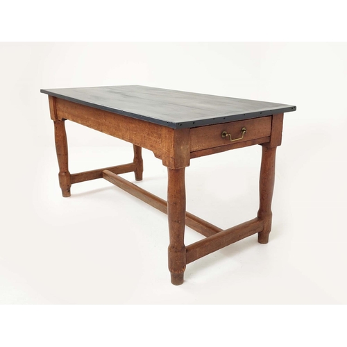 519 - 19TH CENTURY KITCHEN TABLE, painted plank top with cleated ends, pitch pine base, two drawers, turne... 