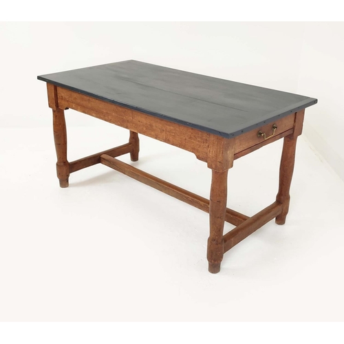 519 - 19TH CENTURY KITCHEN TABLE, painted plank top with cleated ends, pitch pine base, two drawers, turne... 