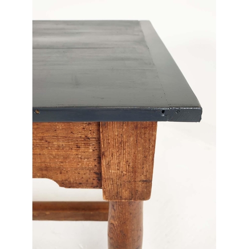 519 - 19TH CENTURY KITCHEN TABLE, painted plank top with cleated ends, pitch pine base, two drawers, turne... 