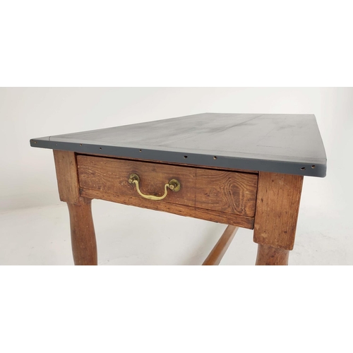 519 - 19TH CENTURY KITCHEN TABLE, painted plank top with cleated ends, pitch pine base, two drawers, turne... 