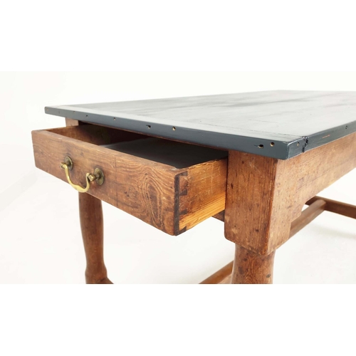 519 - 19TH CENTURY KITCHEN TABLE, painted plank top with cleated ends, pitch pine base, two drawers, turne... 