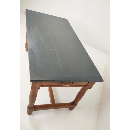 519 - 19TH CENTURY KITCHEN TABLE, painted plank top with cleated ends, pitch pine base, two drawers, turne... 