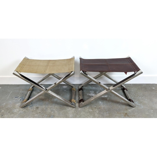 523 - STOOLS, a set of two, one faux crocodile and polished metal, other differing and polished metal, 60c... 