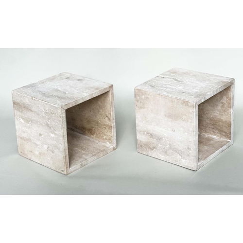 530 - TRAVERTINE CUBE LAMP TABLES, a pair, square form, 38cm x 38cm x 38cm. (2)