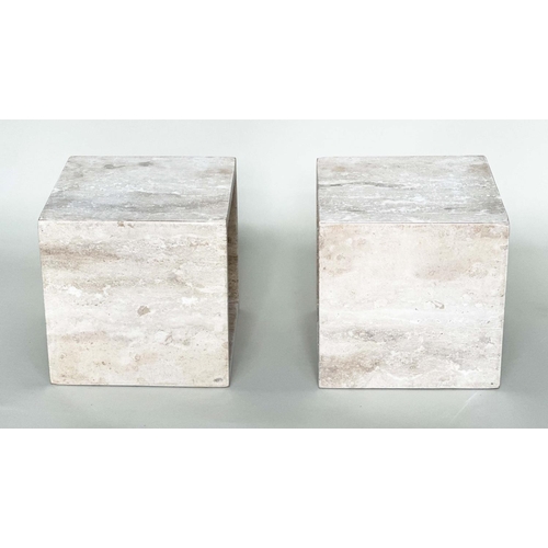 530 - TRAVERTINE CUBE LAMP TABLES, a pair, square form, 38cm x 38cm x 38cm. (2)