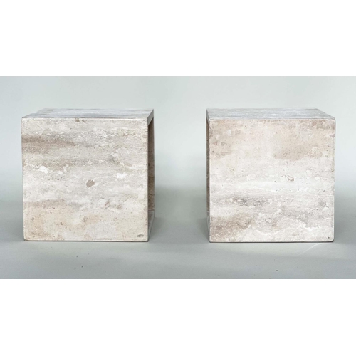 530 - TRAVERTINE CUBE LAMP TABLES, a pair, square form, 38cm x 38cm x 38cm. (2)