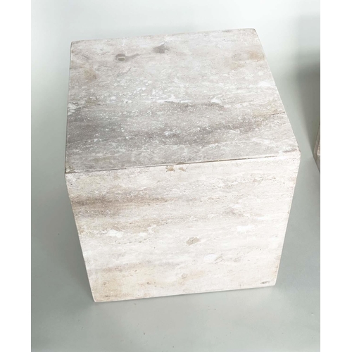 530 - TRAVERTINE CUBE LAMP TABLES, a pair, square form, 38cm x 38cm x 38cm. (2)