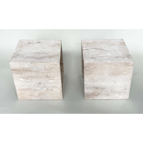 530 - TRAVERTINE CUBE LAMP TABLES, a pair, square form, 38cm x 38cm x 38cm. (2)