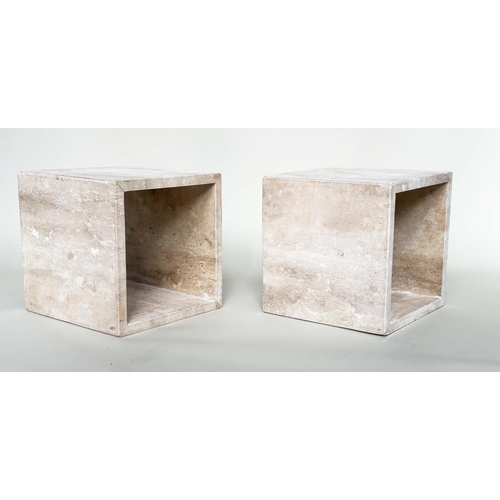 530 - TRAVERTINE CUBE LAMP TABLES, a pair, square form, 38cm x 38cm x 38cm. (2)