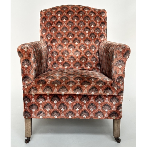 532 - ARMCHAIR, early 20th century Art Deco style with patterned velvet upholstery and square section tape... 