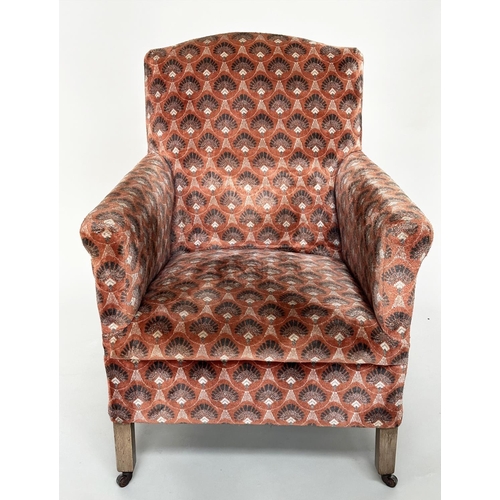 532 - ARMCHAIR, early 20th century Art Deco style with patterned velvet upholstery and square section tape... 