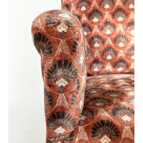 532 - ARMCHAIR, early 20th century Art Deco style with patterned velvet upholstery and square section tape... 