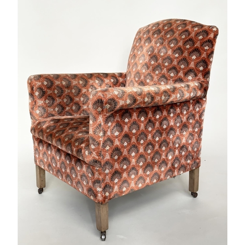 532 - ARMCHAIR, early 20th century Art Deco style with patterned velvet upholstery and square section tape... 