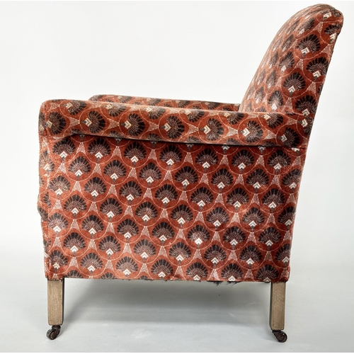 532 - ARMCHAIR, early 20th century Art Deco style with patterned velvet upholstery and square section tape... 