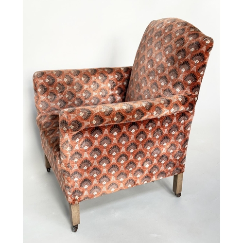 532 - ARMCHAIR, early 20th century Art Deco style with patterned velvet upholstery and square section tape... 