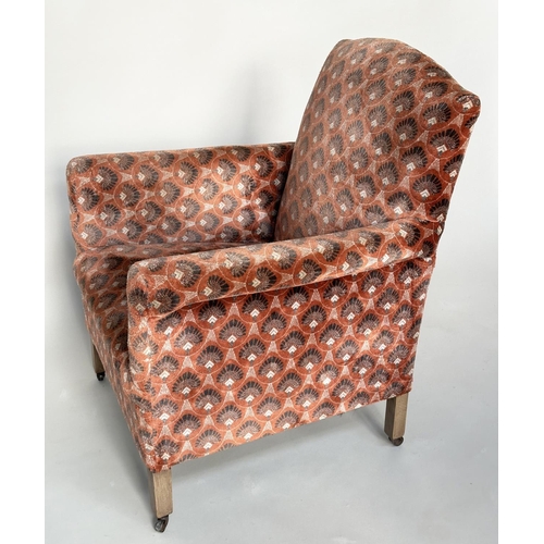 532 - ARMCHAIR, early 20th century Art Deco style with patterned velvet upholstery and square section tape... 