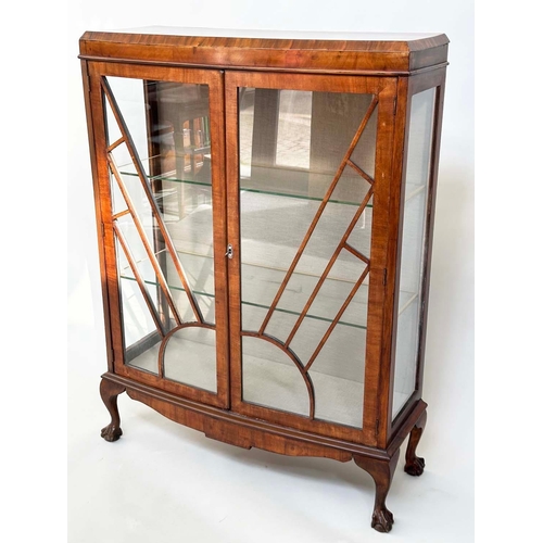 533 - ART DECO DISPLAY CASE, figured walnut with two arched glazed doors enclosing shelves, 120cm H x 93cm... 