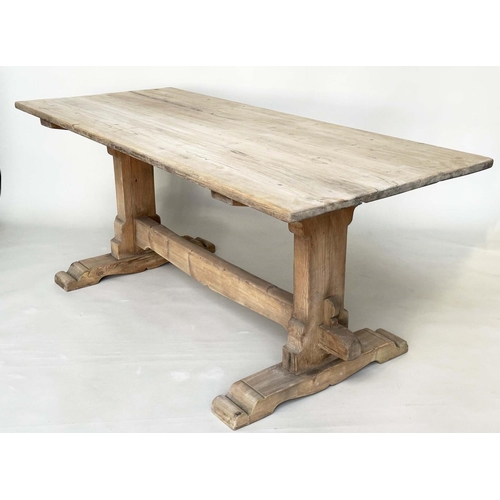 536 - REFECTORY TABLE, vintage early 20th century pine with planked top, shaped trestles and stretcher, 18... 