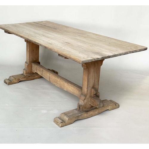 536 - REFECTORY TABLE, vintage early 20th century pine with planked top, shaped trestles and stretcher, 18... 