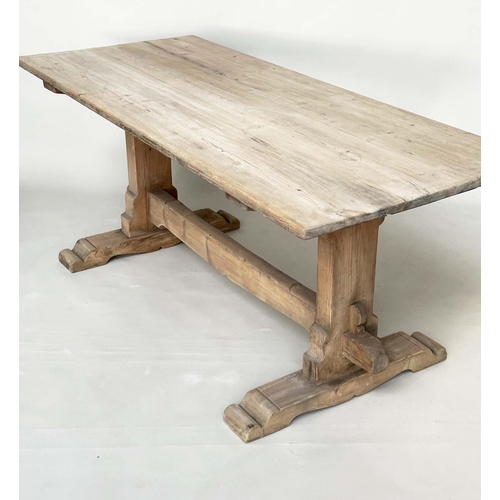 536 - REFECTORY TABLE, vintage early 20th century pine with planked top, shaped trestles and stretcher, 18... 