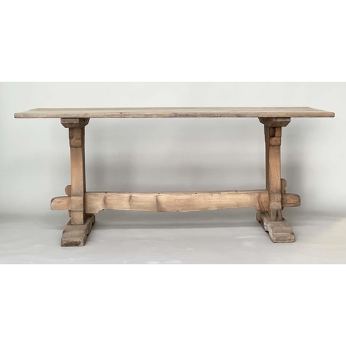 536 - REFECTORY TABLE, vintage early 20th century pine with planked top, shaped trestles and stretcher, 18... 