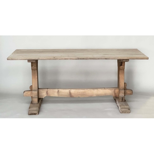 536 - REFECTORY TABLE, vintage early 20th century pine with planked top, shaped trestles and stretcher, 18... 