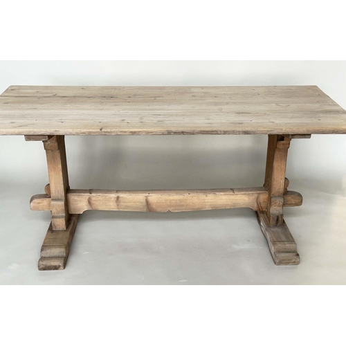 536 - REFECTORY TABLE, vintage early 20th century pine with planked top, shaped trestles and stretcher, 18... 