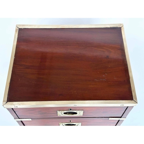 539 - CAMPAIGN CHESTS, a pair, mahogany and brass bound each with three drawers and turned supports, 44cm ... 