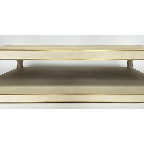 541 - LOW TABLE, faux shagreen, metal bound, with undertier, 170cm x 109cm x 38cm H.