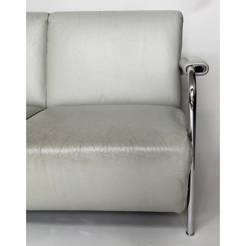 547 - LEOLAX SCYLLA SOFA BY GERARD VOLLENBROCK, stitched grey leather and chrome framed, 200cm W.