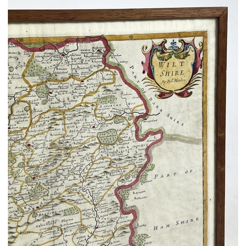 61 - ROBERT MORDEN (1650-1703), Maps of Surrey and Wiltshire, hand coloured, 38cm x 44cm, framed. (2)