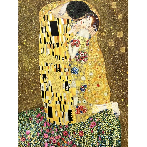 99 - AFTER GUSTAV KLIMT (Austrian 1862-1918) 'The Kiss', oil on canvas, 190cm x 190cm, framed.