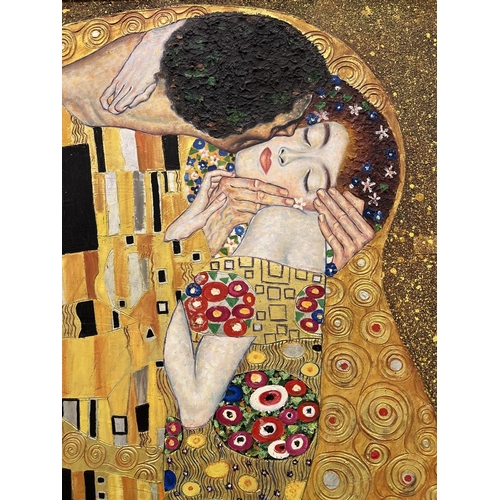 99 - AFTER GUSTAV KLIMT (Austrian 1862-1918) 'The Kiss', oil on canvas, 190cm x 190cm, framed.