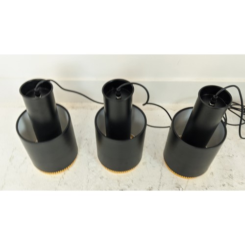 332 - PENDANT LIGHTS, a set of three, 1970s Italian style, black painted metal with gilt detail, 45.5cm dr... 